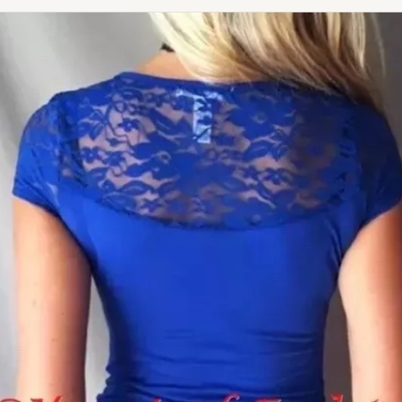 Blue Sexy Plus lace lowcut scoop short sleeve top - Picture 2 of 2